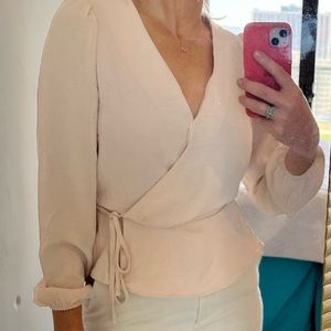 Beige wrap top with drawstring waist sz S